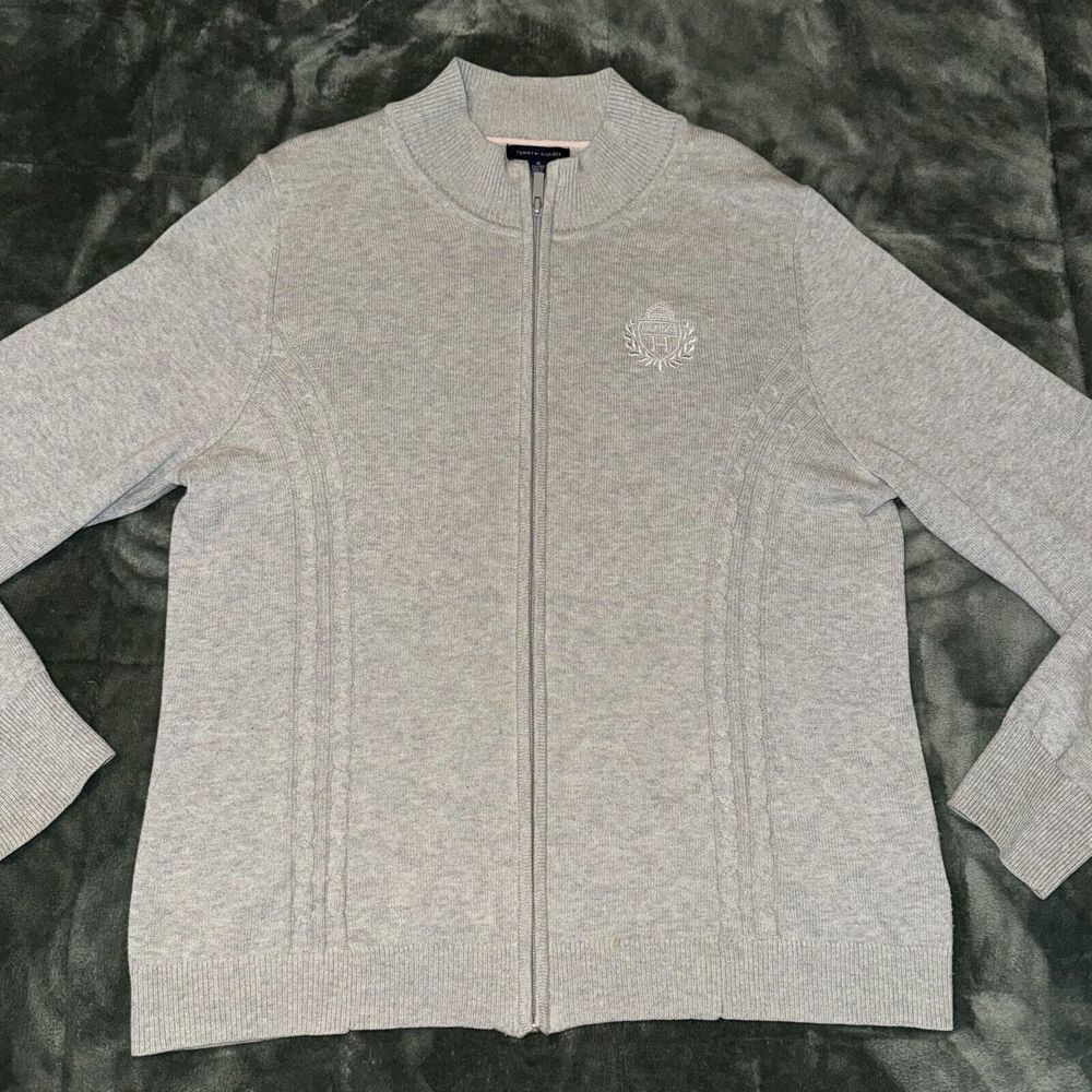 Tommy Hilfiger Full Zip Knit Sweater Women's XL Heather Gray Cotton Long Sleeve